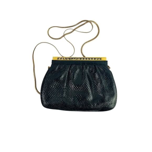 Andre Cellini Vintage 1980s Black Snakeskin Shoulderbag Goldtone Hardware Embell - Picture 1 of 7